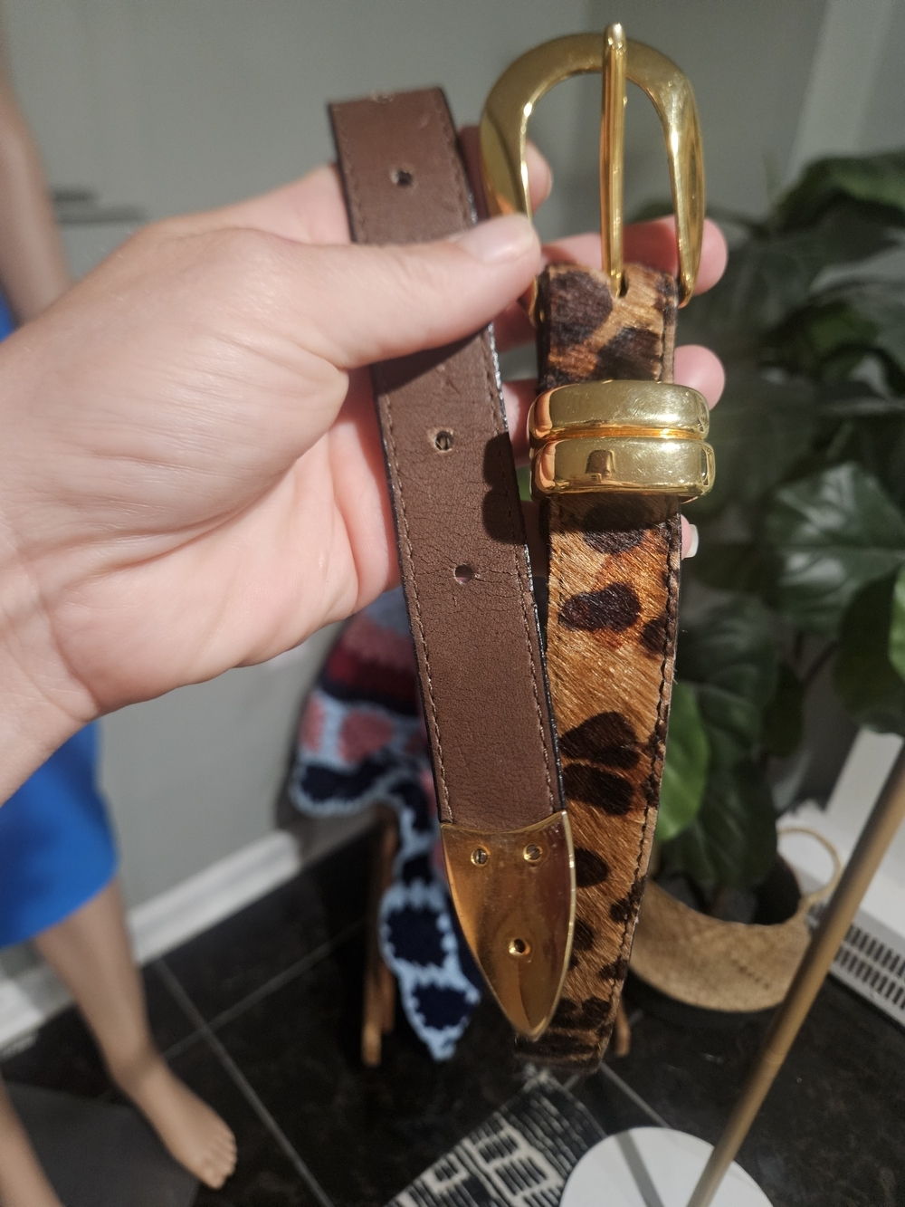 Vintage Leopard Print Calf Hair Leather Belt Gold Hardware. Size Medium - Picture 15 of 16